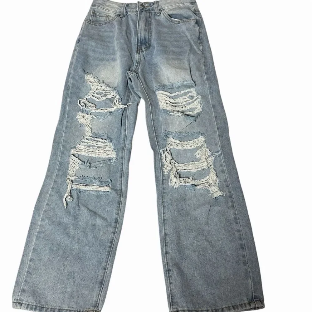 GIRLS SHEIN Petite Distressed Wide-Leg Jeans S Blue Light Wash